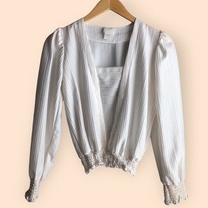 Vintage 60s/70s White Feminine Blouse Lantern Sleeve Ruched Textured Women